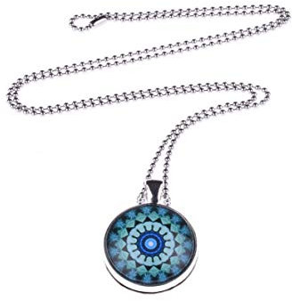 Adi Modeschmuck Kette Soraya, 70cm lange Kugelkette mit einem runden, zweiseitigen 25mm Anhänger mit phantasievoll romantischen Motiven unter Glas Cabochons, handgearbeitet in Berlin (Petrol)
