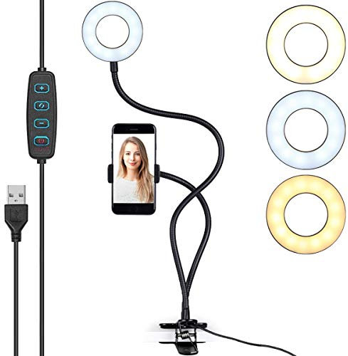 ayex USB-Smartphonehalterung LED Ring-Licht mit Schwanenhals - Dimmbar mit Warmen und Kaltem Licht - Vlog und Selfie-Ringleuchte um 360° Grad drehbar (schwarz)