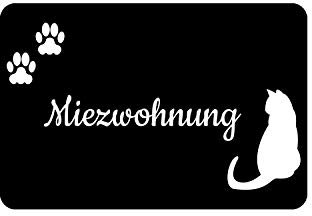 Kaffeebecher24 Fußmatte mit Motiv „Miezwohnung“, Türvorleger rutschfest, Fussabtreter Katze, Waschmaschinenfest, 60 x 40cm, Schwarz - Fußmatte Katze