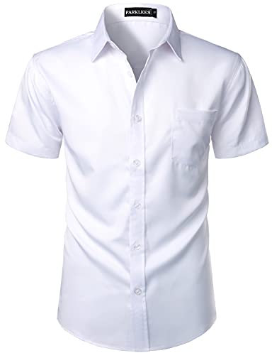 PARKLEES Mens Casual Urban Stylish Slim Fit Short Sleeve Button Up Dress Shirt with Pocket ZLSC15 White M