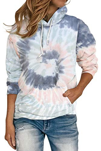 HVEPUO Damen Langarm Buntes Hoodie College Tie Dye Jumper Batik Pullover Locker Mit Kordelzug Taschen Sweatshirt Mode Aesthetic Womens Top Vintage Clothes Hemd Blau S