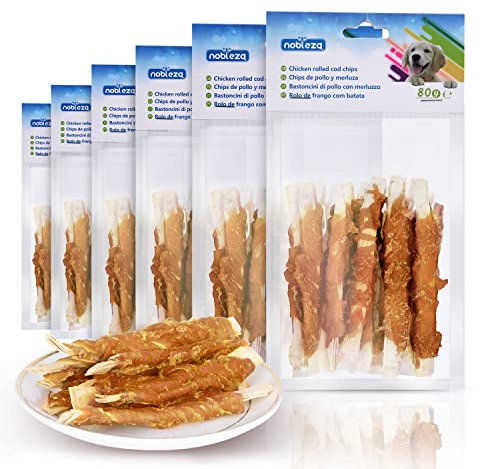 Nobleza - Kaustangen für Hunde, Hühnchen Gerollte Kabeljau-Chips, Natürliche Hundesnacks, Trainingsleckerli für Hunde, L10 cm, 6 Packungen x 80g