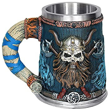 OTARTU Becher aus Edelstahl, mit einem Griff, Motiv: Totenkopf, nordischer Wikinger, Krieger, Totenkopf, 500 ml, Halloween-Bar, Trinkgeschirr für Herren, Geschenk
