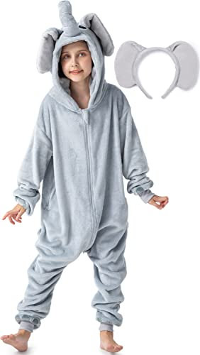 corimori Flauschiges Elefanten-Kostüm für Kinder mit Haarreif | Karneval Fasching Kostüm Onesie für Mädchen, Jungen | Körpergröße 90-110cm