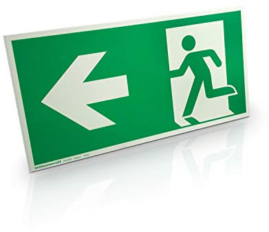 Notausgangsschild „links“ - Hart-PVC, langnachleuchtend & selbstklebend - 30,0 x 15,0 cm - Gemäß ASR A1.3 DIN 7010 DIN 67510 - Rettungsweg, Fluchtweg - Betriebsausstattung24®