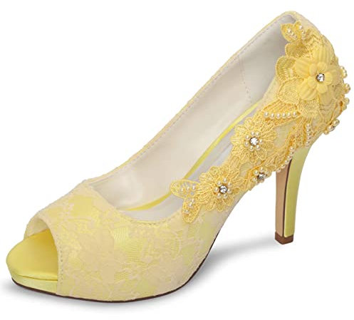 Emily Bridal Wedding Shoes Lace Wedding Shoes Lace Peep Toe High Heel Bridal Shoes (EU39/UK6, Yellow)