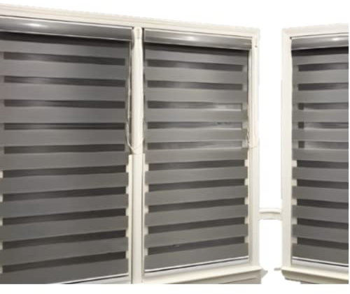 Funky Gadgets Day and Night Roller Blinds Dual Layer Fabric Zebra Blind Translucent or Blackout Vision Roller Shades No Drill Blinds Curtains for Windows and Doors Grey, 64W x 165H cm