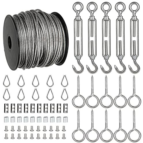 YAYODS 30M Garden Wire Kit, Stainless Steel Wire trellis Kit, PVC Coated Heavy Duty 2MM Cable Rope, Lag Screw Eye Screw, Turnbuckle Wire Tensioner