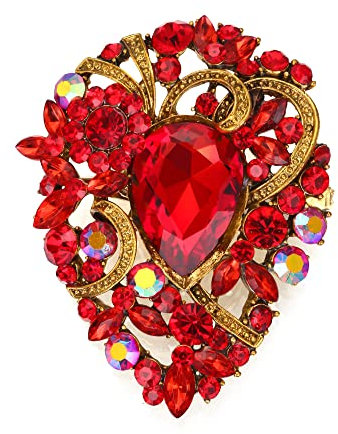 EVER FAITH Damen Brosche Tropfen Strass Kristall Clip, Vintage Stil Blume Cluster Pin für Konzert Rot Antik Gold-Tone