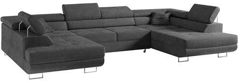 MKS MEBLE Sofa Grau Wohnzimmer - Wohnlandschaft - U-Form Couch mit Schlaffunktion - Schlafsofa mit Bettkasten - Wohnzimmer U Couch - Polstersofa mit Bettkasten - Gustaw U Grau Monolith