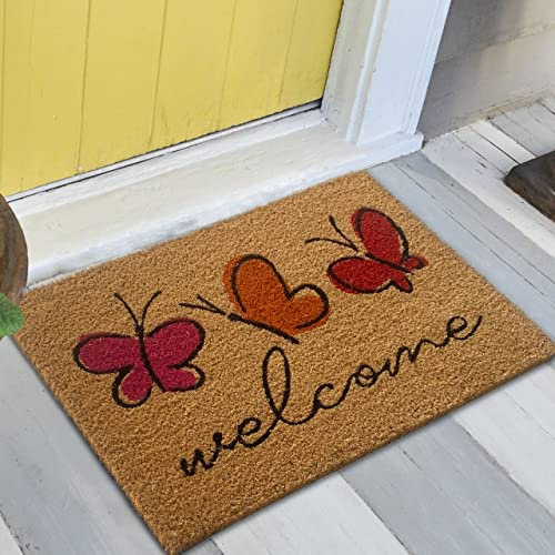 Teppich-Traum Rutschfester Fußabtreter aus Kokos • robust • Bunte Schmetterlinge „Welcome“, 45 x 75 cm