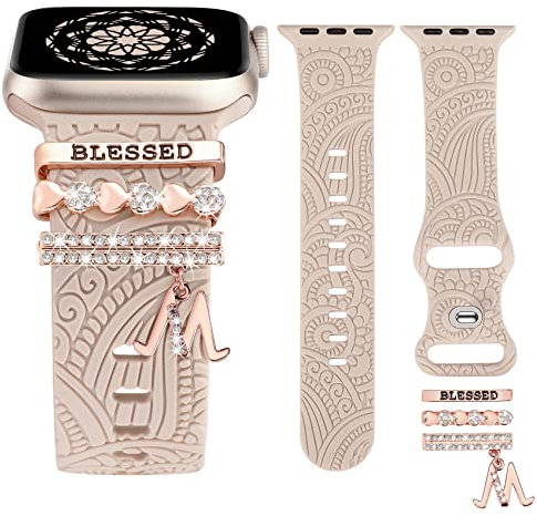 TOYOUTHS Dekorative Ring Armband kompatibel mit Apple Watch Armband Charme 41/40/38/42mm, Damen Glitzer Boho Gravierte Silikon Ersatzarmbänder für iWatch Serie 10/9/8/7/SE/6/5/4/3, Polarstern/M