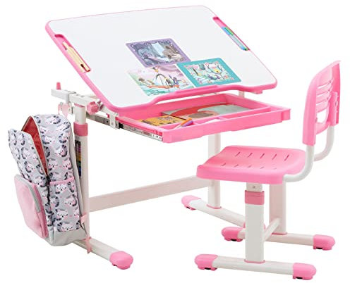 Kinderschreibtisch mit Stuhl TUTTO in weiß/rosa höhenverstellbar und neigbar mit Schublade und Stifterinne, Schreibtisch höhenverstellbar für Kinder, Tisch mit neigbarer Arbeitsfläche mit Rucksackhalt