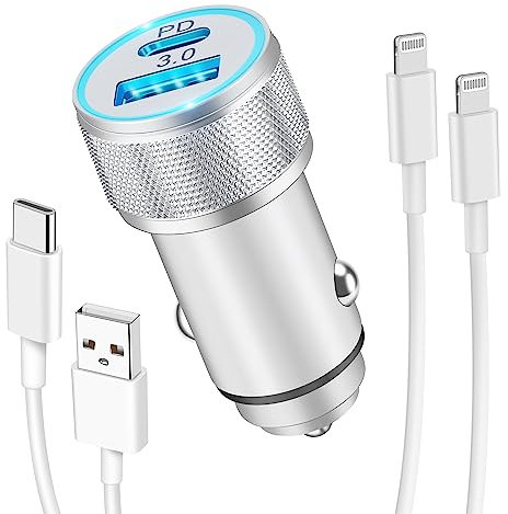 LUOSIKE Cargador Coche Carga Rápida y Cables para iPhone, Cargador Mechero 2 Puertos 38W y 2X Cables Lightning 1m, Adaptador USB C con PD/QC, Compatible con iPhone 14/13/12/11/Pro/Max/Plus/mini/SE