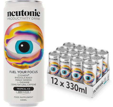 Neutonic Nootropic Productivity Energy Drink | Tropical Ice 12 Cans | 120mg Natural Caffeine, Zero Sugar | Support Energy, Mental Performance, Cognitive Function | Support Focus, Brain Health