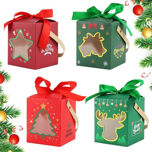 Scatola Regalo, ACTOYS 8 Pezzi Scatole Natalizie, Scatole per Caramelle, Scatole di Carta Natalizie con Manico e Finestra, Scatolina Regalo con Nastro per Feste di Natale