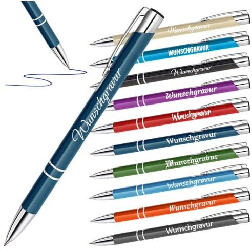 10 Stück Metall Kugelschreiber Set mit Gravur - Stifte mit Wunschtext - Gastgeschenk zur Hochzeit - Geschenke für Paare - Stift mit blaue Schreibmine