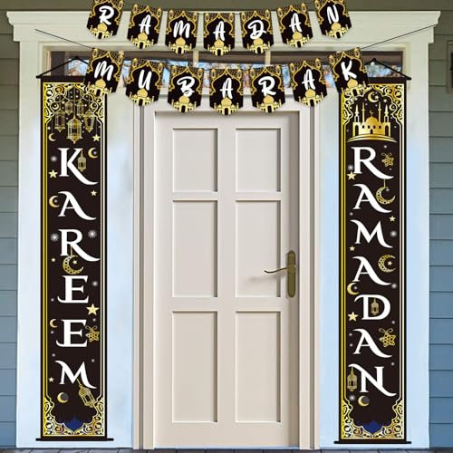 Leonshco Ramadan Dekoration Banner, Eid Mubarak Dekoration Hintergrund Banner, Muslimische Feier Banner, Porch Hanging Sign Banner für Haustür/Garten/Indoor-Outdoor/Party Dekoration usw (Schwarz)