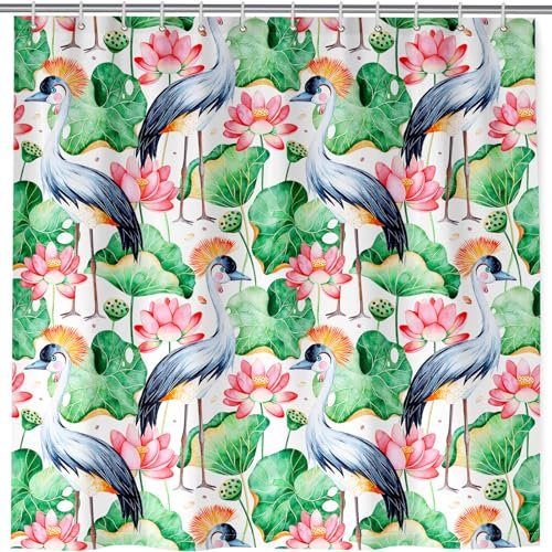 ANHOPE Lotus Duschvorhang Wasserdicht Polyester Stoff Badezimmer Vorhang Seerose Blume Vogel Bad Vorhang Schimmel und Schimmelresistent Badewanne Dekor Set mit 12 Haken 180x180cm
