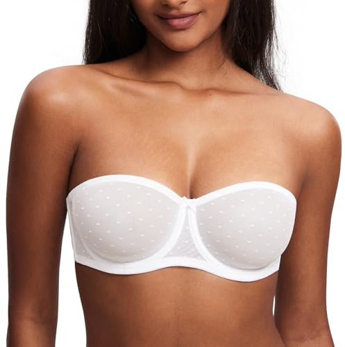 DOBREVA Women's Mesh Strapless Bra Sheer Unlined | Dotted Mesh, Smooth Lace, Underwire, See Through, Plus Size, Natural Shape