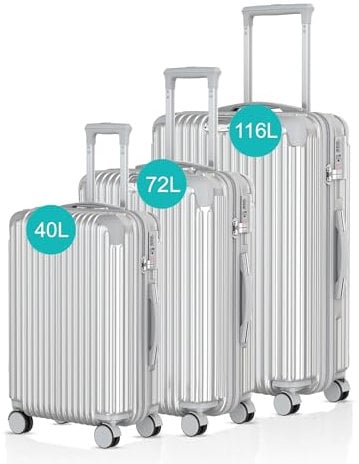 Voyagoux Kofferset 3 teilig - 40L,72L & 116L, Hartschalenkoffer Set, TSA-Schloss, ABS, 4X 360° Rollen, Robust und Leichtgewicht Suitcase, Silber