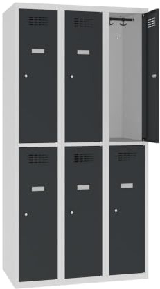 Steinbock Spind 6 Fächer | H180xB90xT50 cm | Anthrazit | Drehriegelverschluss für Vorhängeschloss | Metallspind inkl. Kleiderstange, Kleiderhaken, Namensschild | Schließfachschrank