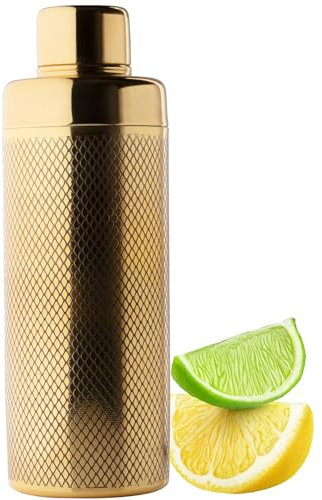 Taylors Eye Witness Outil shaker à cocktail Cobbler en acier inoxydable – 500 ml (17 fl oz). Passoire à glace intégrée, joint en silicone et bouchon de mesure d'alcool. Design moderne gravé en or, idé
