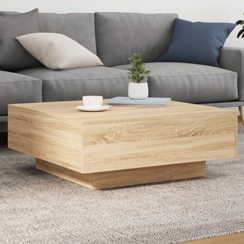 HETFTJN Couchtisch, Fernsehtisch Zeitungsständer Esstisch Sofatisch Geeignet für Küche Badezimmer Salon Balkon mit LED-Leuchten Sonoma-Eiche 80x80x31 cm