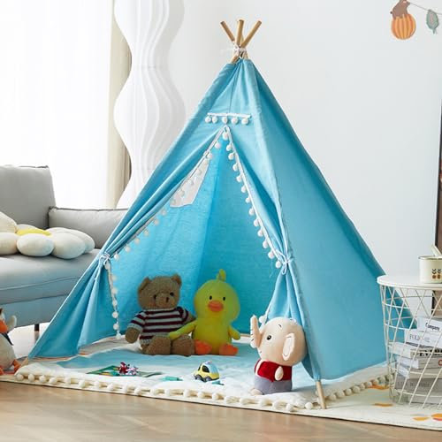 Uixxducc Tipi Zelt für Kinder,Tipi Kinderzelt Zelt Kinderzimmer, Kinderzelt für Drinnen Spielzelt Kinder Indoor Lesezelt Kuschelecke Kinderzimmer Deko (Blau,1.6M)