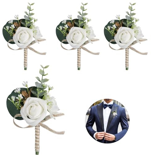 Huilimei Künstliche Herren-Rosen-Boutonniere, Knopfloch-Blumen mit Nadel und Clip, künstliche Hochzeitsblumen, Brautschmuck, Brautjungfer, weiße Ansteckblume für Hochzeit, Party, Abschlussball, Anzug,