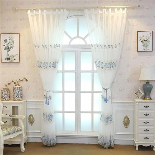 Homxi Voile Gardinen Halbtransparent 2er Set,2 x 96W x 160H cm,Vorhänge Tüll Hellblau Stickmuster Vorhang Raffhalter Haken
