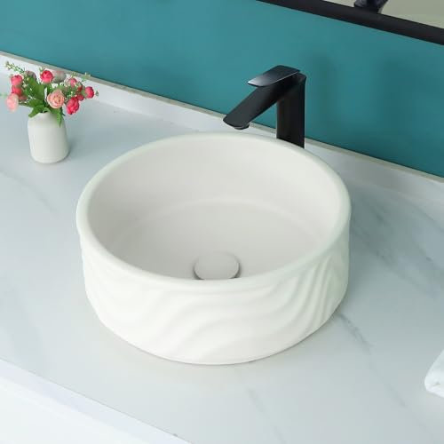 Davivy Fregadero redondo grande de 16.3 pulgadas de color blanco cremoso con drenaje emergente, fregaderos de baño redondos sobre mostrador, fregaderos de cerámica para baños