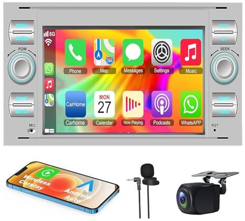 Android12 Car Stereo with Wireless Carplay Android Auto for Ford Fiesta Focus Kuga Transit Mondeo S-Max Car Radio 7” TouchScreen GPS WiFi Bluetooth FM HiFi SWC Mirrorlink+ Rear Camera