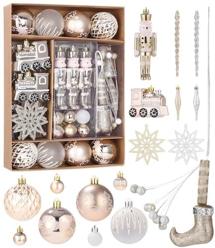 SOBEAU 50 Pezzi Palline di Natale Set,Palline di Natale allo champagne, Decorazioni Albero di Natale Plastica,Natale Appese Sfera Infrangibile per Albero di Natale,Matrimonio,Festa