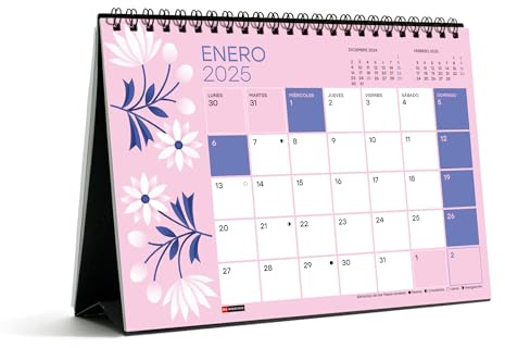 Miquelrius - Tischkalender 2025, A5-Kalender (210 x 148,5 mm), mit Notizfeld, Kalender 2025, Doppelspiralbindung, Schreibtisch-Jahreskalender, Spanisch, Blumen-Design