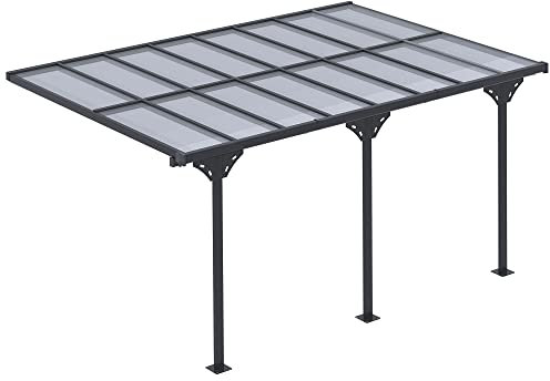 Outsunny 4.4 x 3(m) Wall Mounted Pergola Gazebo with Aluminium Frame and Polycarbonate Roof, Lean to Pergola, Outdoor Sun Shade Shelter for Garden Patio Balcony, Grey