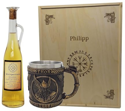 Geschenkset Wikinger Kelch oder Krug inklusive Wikingertrank Met Honig Whisky in der Amphore mit Holzbox und Gravur - Met Honigwein personalisierbar verschiedene Varianten (Krug Thor)