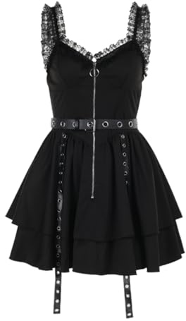 YINGWIN Black Lace Bodycon Dress with Detachable Belt Sleeveless V Neck Mini Dress for Women Gothic Y2K Party Clubwear