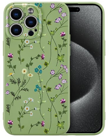 RALEAVO Flower Case for iPhone 16 Pro, Liquid Silicone Shockproof Protection Case Cover for Girls Women with Aesthetic Cute Floral Patterns Soft Slim Phone Case for iPhone 16 Pro 6.3-Green