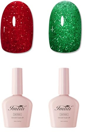 Imtiti UV Nagellack Set, 2 Pcs 10ML Weihnachten Rot & Grün glitzer Gel Nagellack Soak Off Led Gel Nail Polish Herbst Winter Maniküre Salon Gellack Kit