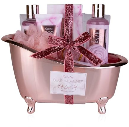 Accentra - COSY MOMENTS Set de bain et de douche rose - Coffret cadeau relaxant pour femmes pour un anniversaire ou la Saint-Valentin - Coffret cadeau bien-être 7 pièces avec mini-baignoire décorative