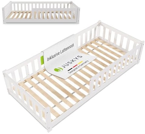Juskys Kinderbett Naya - 90x200 cm Bett mit Rausfallschutz & Lattenrost - Holz Bodenbett für Kinder 3-10 Jahre - modernes Bettgestell Weiß