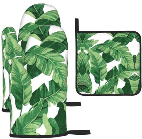 Set di 3 guanti da forno e presine con foglie di palma verdi e presine, guanti da cucina resistenti al calore