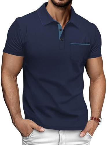 HMIYA Poloshirt Herren Kurzarm T-Shirts mit Tasche Polo Klassisches Sommer,Navyblau,M