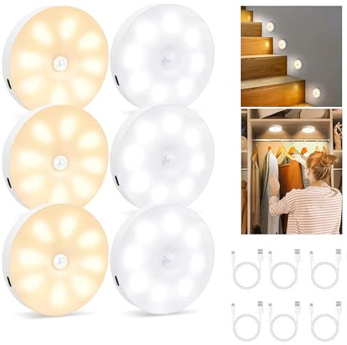 Kimuwote 6 Piezas Luz Nocturna con Detector De Movimiento Usb Recargable, 3 Modos LáMpara con Sensor de Movimiento Para Interiores, IluminacióN Led Para Escaleras, IluminacióN de Armario