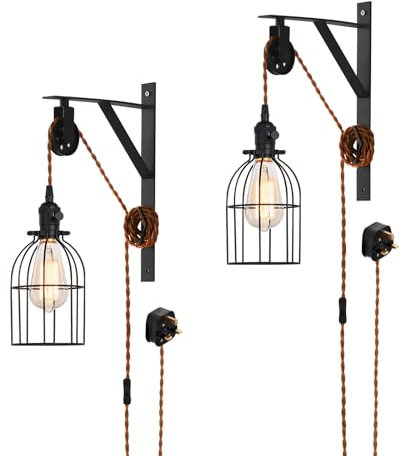 SEEBLEN Plug in Pendant Light Set of 2, Farmhouse Pulley Wall Lamp with 7-Foot Brown Plug in Cord & Switch, Industrial Hanging Lamps That Plug into Wall Outlet, Wall Sconces for Bedroom.