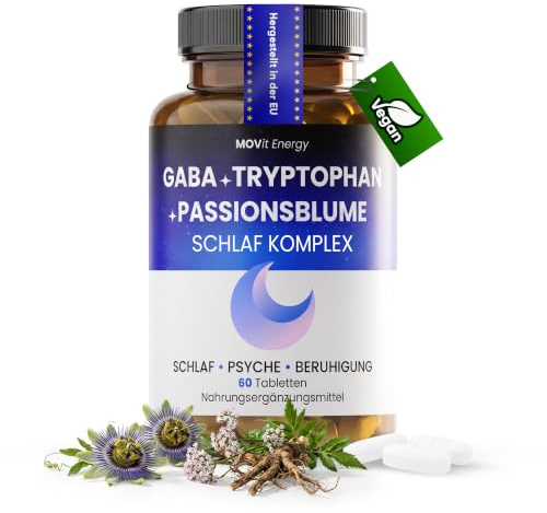MOVit Sleep Complex GABA + Tryptophan + Passionsblume, Nahrungsergänzung, Mit Baldrian & Vitamin B6, Fördert Stressabbau, Entspannung, Nervenfunktion & mentale Balance - 60 Tabletten