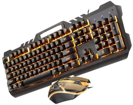 HOMSFOU Teclado Retroiluminado y Ratón USB Combo Mecánico con Iluminación RGB Soporte para Teléfono Diseño Metálico para Oficina y Gaming Casa