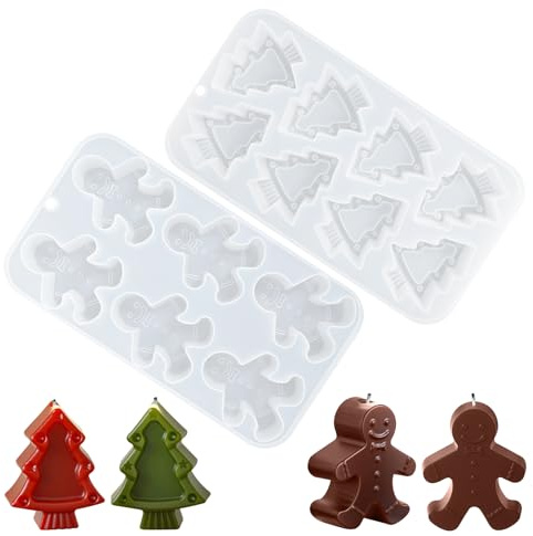 PHOGARY Lot de 2 Moule Bougie de Noël, Moule Silicone Bougie en Forme de Sapin de Noël, Bonhomme en pain d'épices Moules pour Bougies Parfumées, Savon