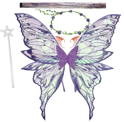 Alas de Hada, Fairy Wings, Alas de Hadas para Niñas, Diadema de Hada y Varita de Hada Estrella,Orejas de Elfo,Adecuado para diversos festivales y fiestas de cumpleaños,Cosplay,Carnaval (Púrpura)